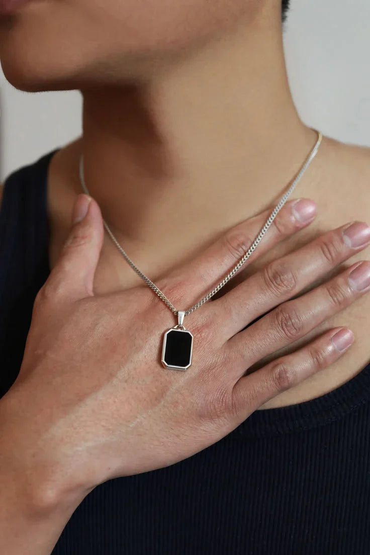Double side onyx Pendant Necklace With Stainless Steel Chain for Men